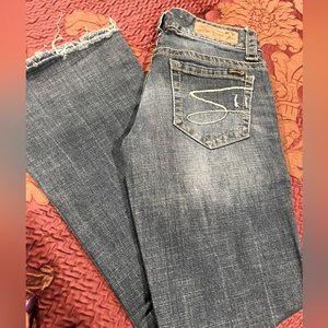 Seven 7 Medium Wash Flare Frayed Hem Jeans